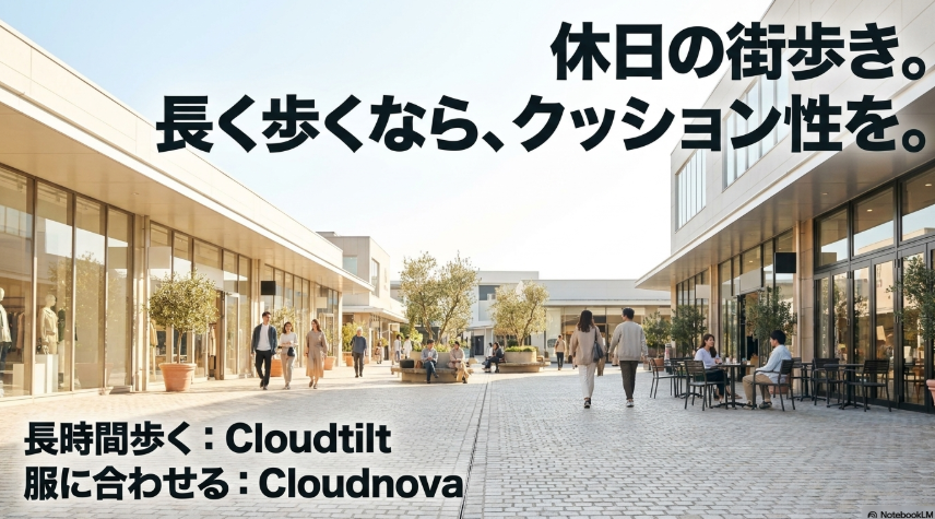 休日の街歩きや長時間歩行に向くCloudtiltとCloudnovaを紹介するスライド