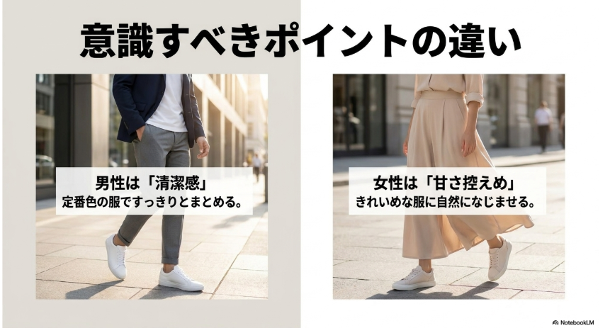 Onスニーカーをメンズは清潔感、レディースは甘さ控えめで合わせる解説