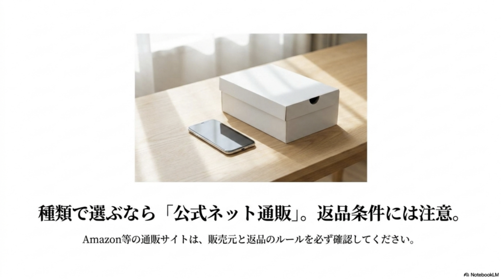 On公式オンラインショップやAmazonで購入する前に販売元と返品条件を確認するスライド