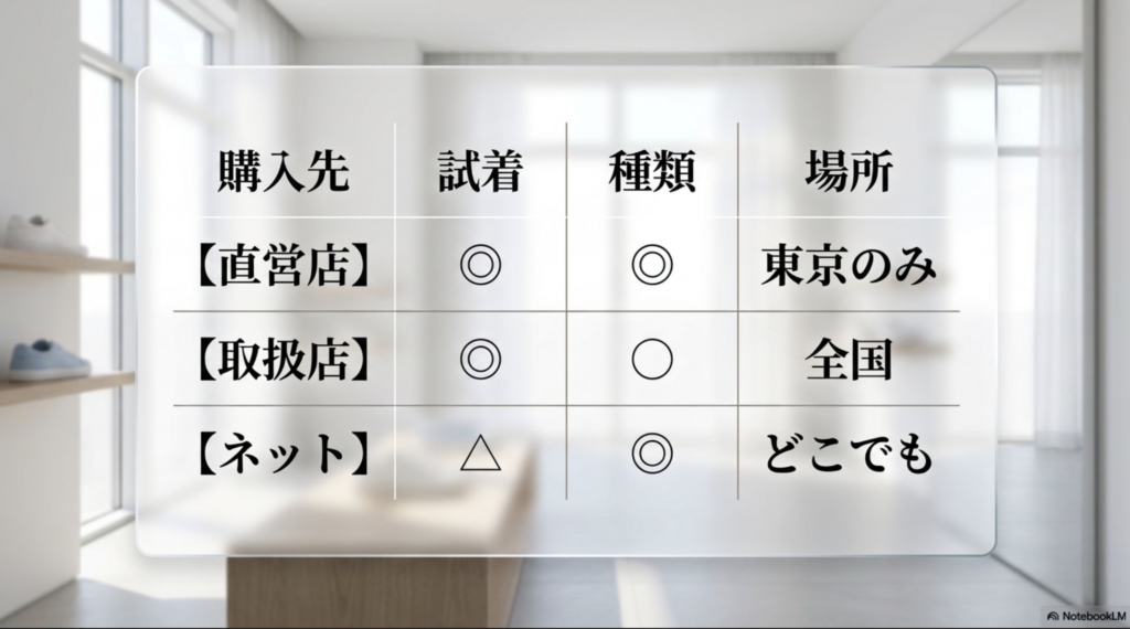 On直営店、正規取扱店、ネット通販を試着、種類、場所で比較した表