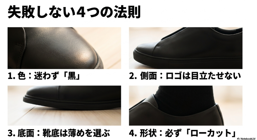 黒、控えめなロゴ、薄めのソール、ローカットを意識したビジネス向けスニーカー選び