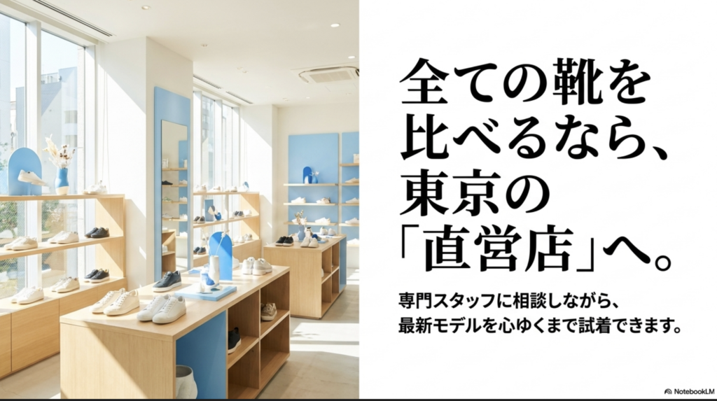 東京のOn直営店でスタッフに相談しながら複数モデルを試着するイメージ