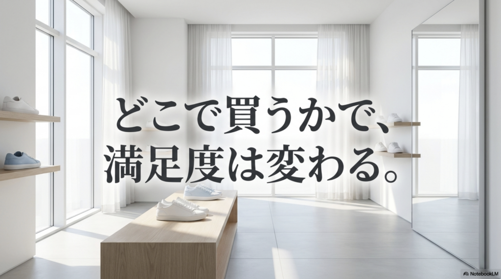 Onスニーカーは購入する店舗や通販サイトによって試着や返品などの条件が異なることを示すスライド