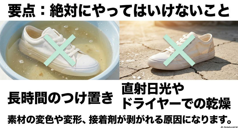 要点:絶対にやってはいけないこと。長時間のつけ置きやドライヤーでの乾燥は、素材の変色や変形の原因になります。