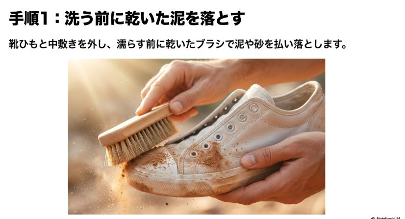 手順1:洗う前に乾いた泥を落とす。濡らす前に乾いたブラシで泥や砂を払い落とします。