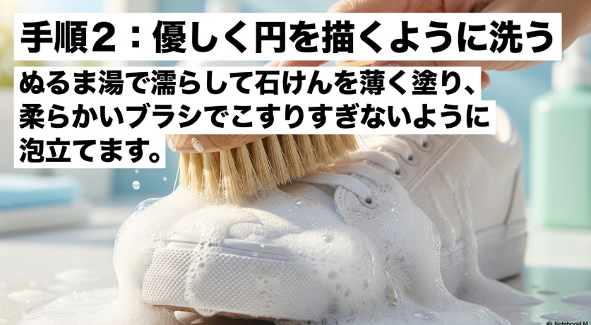 手順2:優しく円を描くように洗う。柔らかいブラシでこすりすぎないように泡立てます。