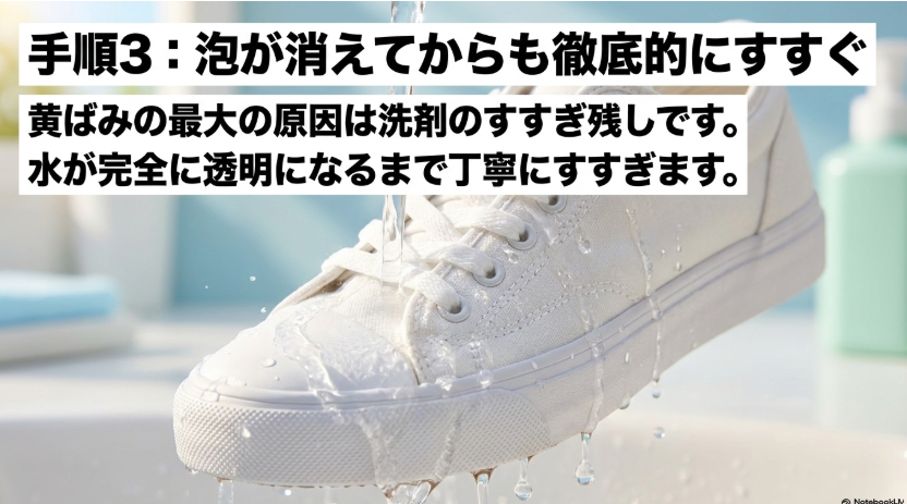 手順3:泡が消えてからも徹底的にすすぐ。水が完全に透明になるまで丁寧にすすぎます。