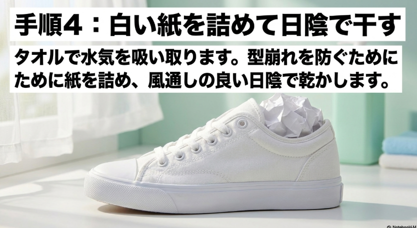 手順4:白い紙を詰めて日陰で干す。タオルで水気を吸い取り、型崩れを防ぐために紙を詰めます。