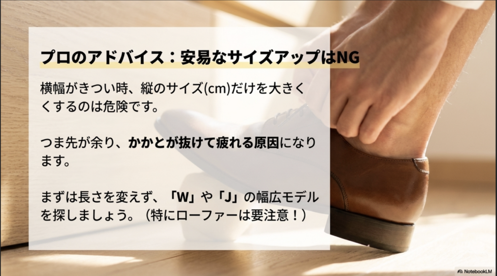 安易なサイズアップはNG。横幅がきつい時に縦のサイズだけを大きくするのは危険で、まずはWやJの幅広モデルを探す。