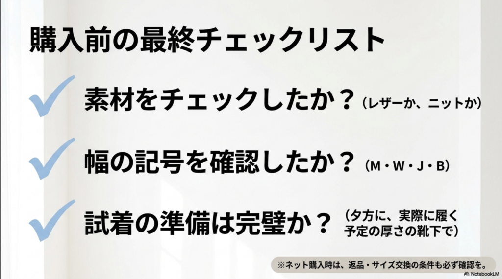 購入前の最終チェックリスト。素材、幅の記号、試着の準備、返品やサイズ交換の条件を確認する。