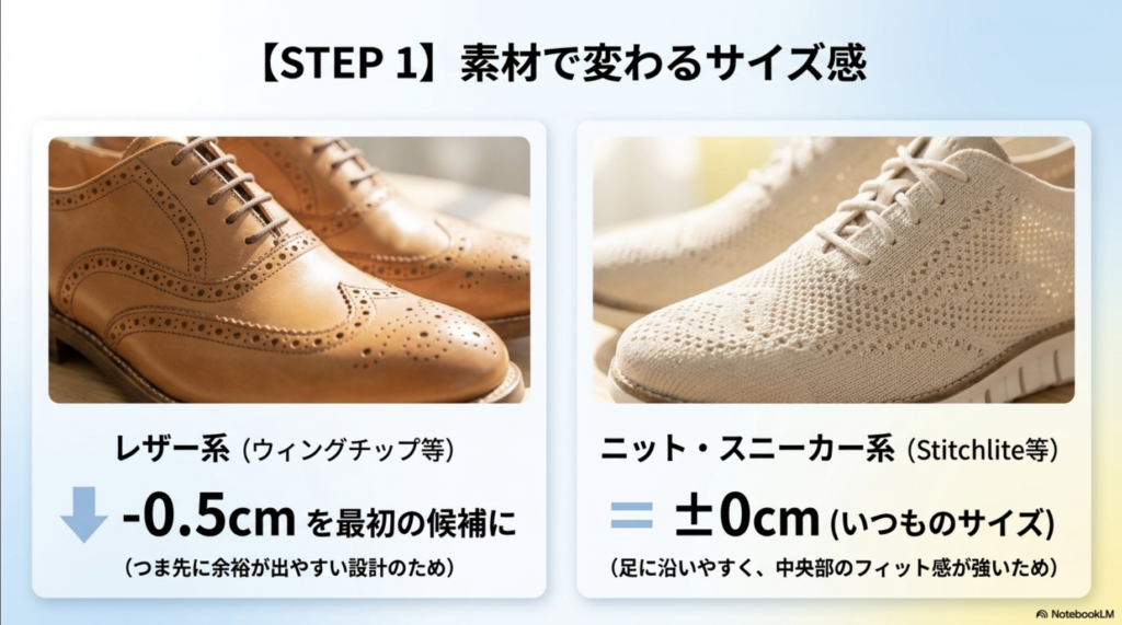 素材で変わるサイズ感。レザー系はマイナス0.5cm、ニット・スニーカー系はいつものサイズを最初の候補にする。