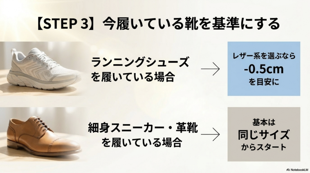 今履いている靴を基準にする。ランニングシューズならマイナス0.5cm、細身スニーカーや革靴なら同じサイズを基準とする。