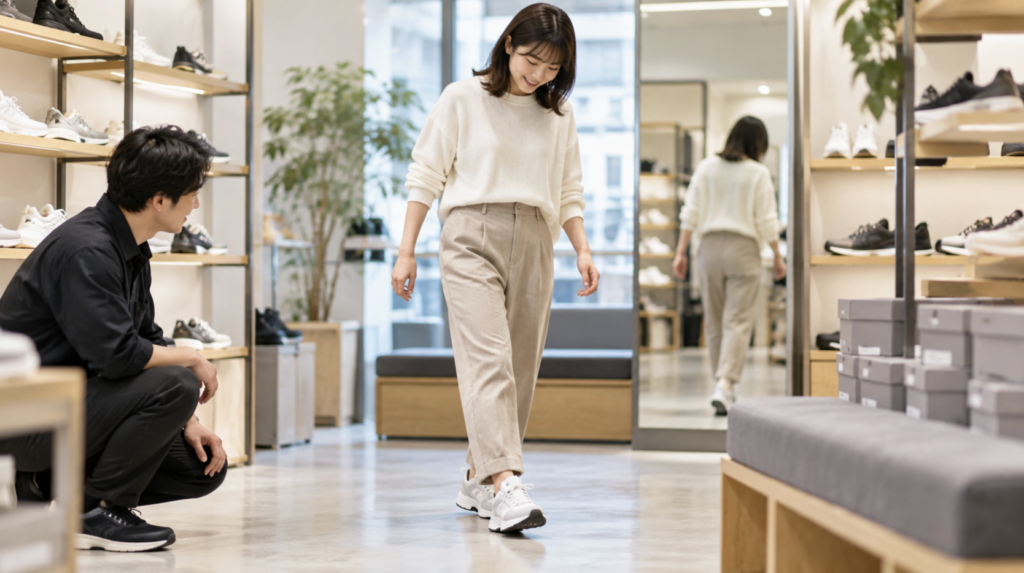 ニューバランスを店舗で試着して歩きながらサイズ感を確認する女性
