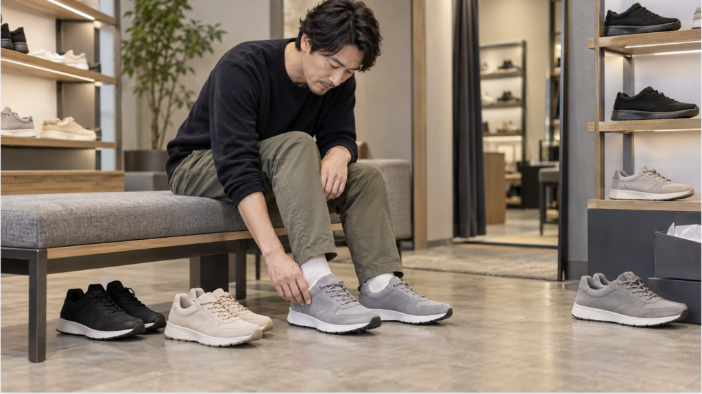 ニューバランスメンズスニーカーを試着してサイズ感と足幅を確認する男性