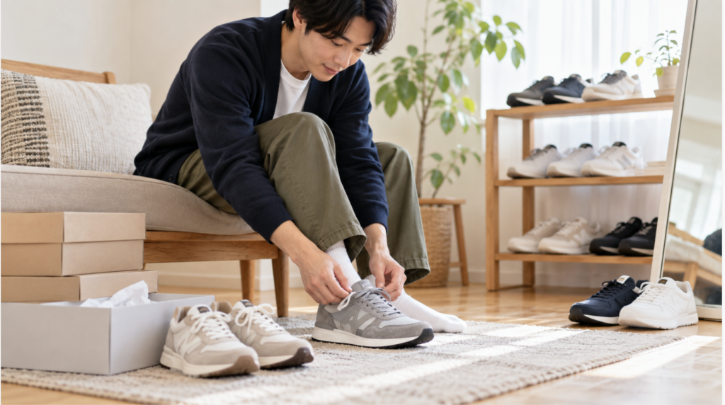 ニューバランスのサイズ感や足幅を確認しながらスニーカーを試着する日本人男性