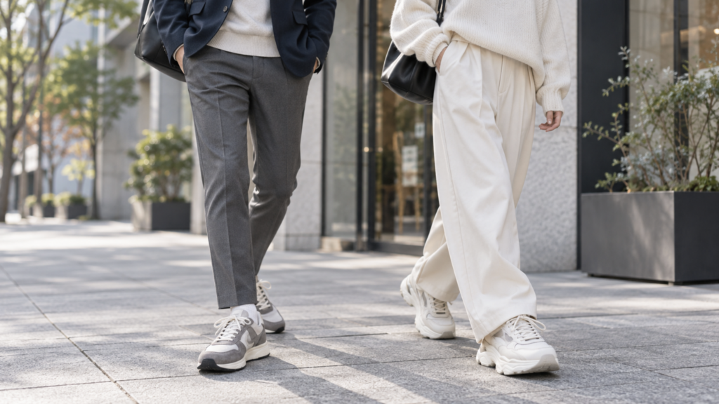 ニューバランス風スニーカーを使ったきれいめと厚底の街歩きコーディネート例