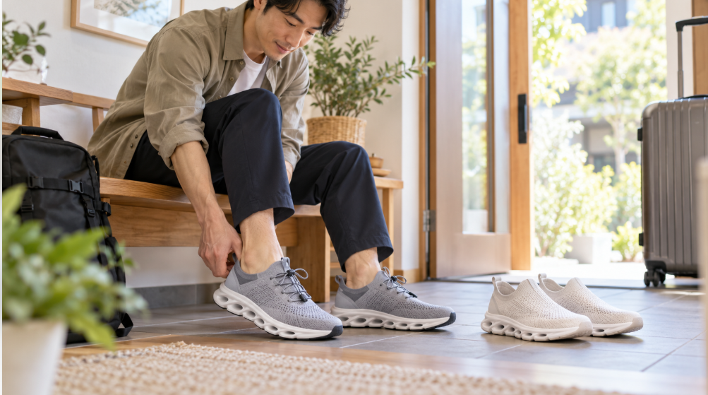 Onスニーカーのスピードシューレースと紐なしモデルを玄関で履く日本人男性