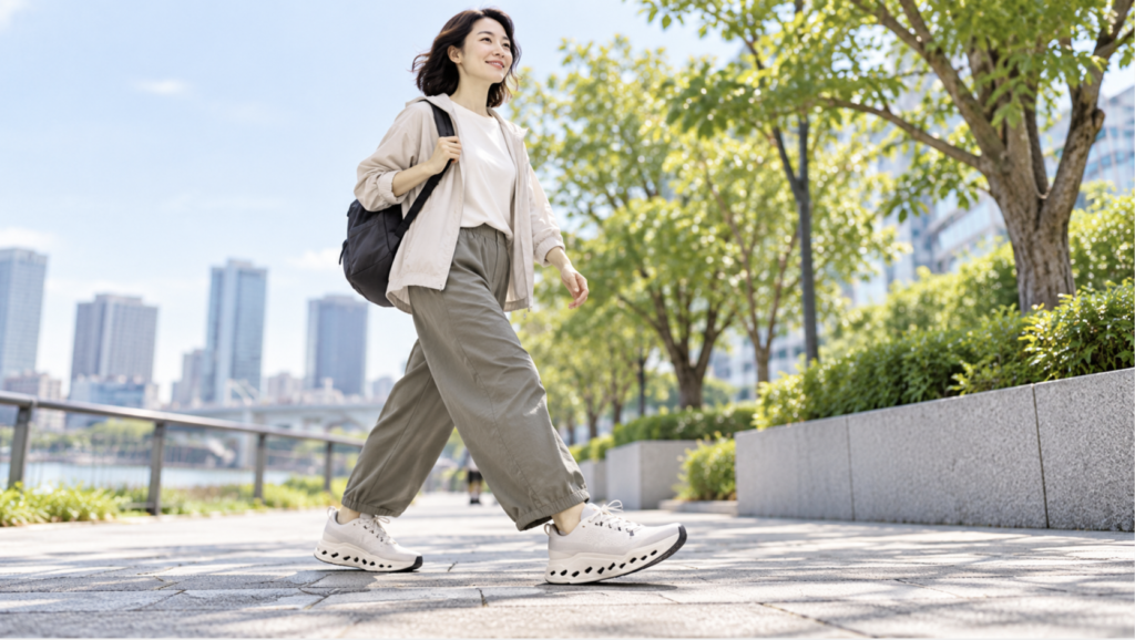 幅広クッションスニーカーを履いて街中を歩く女性
