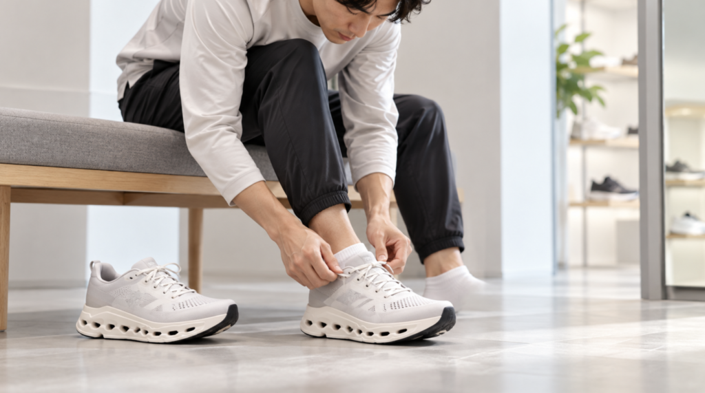 幅広ランニングシューズを試着してフィット感を確認する男性